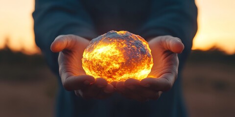 Aufkleber - Warm Embrace of Light Hands Holding Volcanic-Inspired Orb, Capturing Radiant Glow - Artistic Symbolism for Cultural Narratives and Visual Storytelling in Contemporary Marketing