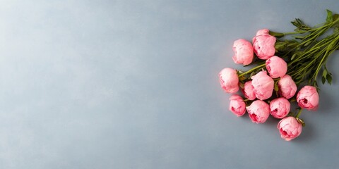 Aufkleber - Soft Minimalist Floral Arrangement Pink Peonies on Textured Blue Surface - Aesthetic for Interior Design and Lifestyle Branding