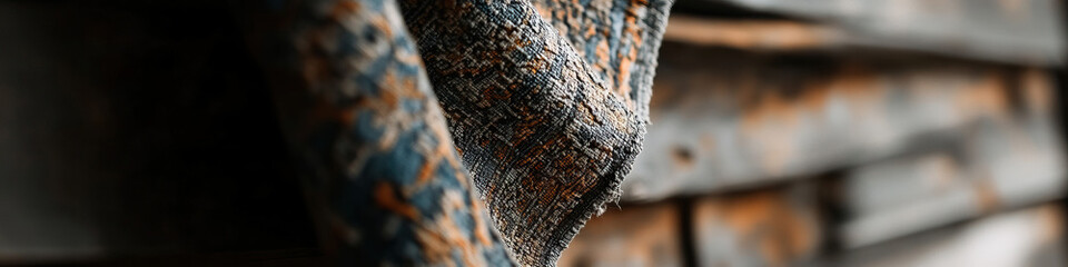 Poster - Close-up of Patterned Textile Against Weathered Wood