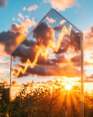 Fototapete - Reflective Glass Facade with Dynamic Financial Graphy in Sunset Modern Sustainable Design for Corporate Financial Sector Imagery