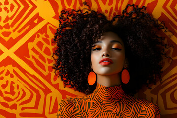 Wall Mural - Bold Afrocentric fashion portrait featuring curly hair and vibrant orange geometric patterns, ideal for modern beauty marketing and diversity promotions