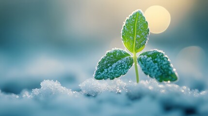 Poster - Emerging Green Seedling in Winter Snow A Symbol of Hope Resilience and New Beginnings