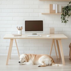 Fototapete - Scandinavian Office Design Cozy Dog Under Minimalist Desk with Tech Gear - Pet-Friendly Workspace Content and Work-Life Balance Advocacy