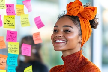 Poster - Contemporary Office Vibe Vibrant Sticky Notes with Humorous Quotes on Glass Surface - Fostering Creativity and Team Dynamics in Dynamic Workspaces