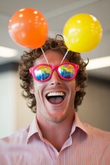 Poster - Vivid Office Playfulness Young Professional with Balloon Props and Vibrant Glasses - Workplace Culture Enhancement and Engaging Marketing Content