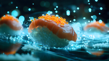 Wall Mural - sushi creation with levitating rice and fish that emit a soft glow, surrounded by surreal light effects in a dark space 