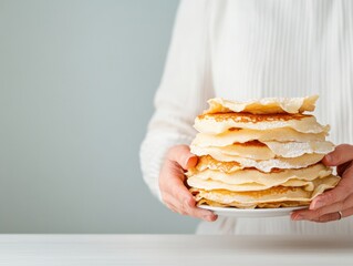 Poster - Minimalist Culinary Artistry Hands Holding Crepe Stack on Sleek Surface Modern Recipe Development and Food Styling for Digital and Commercial Dining