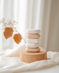 Aufkleber - Minimalist Mindfulness Display Smooth Wooden Stones on Rustic Pedestal in Nature-Inspired Setting - Personal Development Content for Eco-Friendly Lifestyle Marketing
