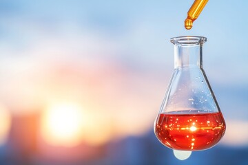 Poster - Modern Sterile Laboratory Aesthetics Glass Flask with Amber Liquid at Sunset - Scientific Research Imagery for Pharmaceutical and Biotech Branding
