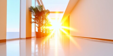 Poster - Sunlit Hospital Corridor Modern Healthcare Design with Glossy Floors and Greenery - Enhancing Patient Experience and Sustainable Medical Facility Operations