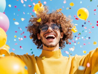 Aufkleber - Playful Corporate Celebration Young Diverse Team with Vibrant Balloons and Confetti Outdoors - Enhancing Workplace Culture and Stress Relief in Modern Business Environments
