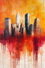 Poster - Watercolor painting of a city skyline with dramatic red, orange, and yellow tones, featuring tall skyscrapers, symbolizing energy, urban power, and the dynamic force of city life.