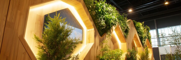 Poster - Sustainable Trade Show Booths Geometric Wooden Panels and Living Walls with LED Lights for Innovative Corporate Display - Eco-Friendly Design in Business Expos