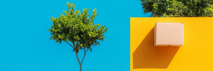 Aufkleber - Vibrant Logistic Design Cardboard Box and Citrus Tree on Bold Yellow Wall - Modern Supply Chain Aesthetics and Efficient Aid Distribution Visualization