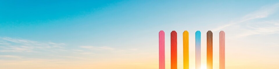 Poster - Contemporary International Flag Display Colorful Wooden Poles on Horizon - Artistic Visuals for Cultural Events and Modern Diplomatic Marketing