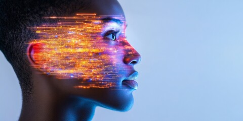 Fototapete - Cybernetic Aesthetic Futuristic Portrait with Digital Light Effects on Smooth Skin - Innovative Tech Content and Digital Marketing for Next-Gen AI Solutions