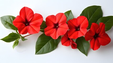 Poster - Vibrant Red Petunia Blooms with Lush Green Foliage on a Clean White Background Still Life