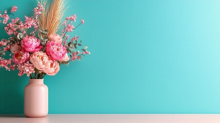 Wall Mural - A vibrant bouquet of pink flowers in a soft pink vase against a bright turquoise background.