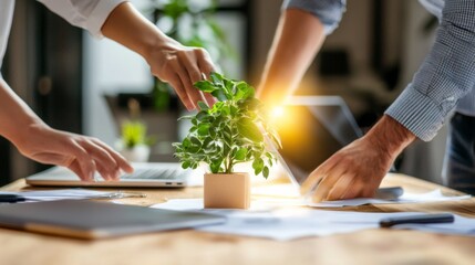 Poster - Biophilic Office Harmony Natural Elements and Soft Lighting Enhance Team Collaboration Workplace Well-being and Innovation for Modern Corporate Environments
