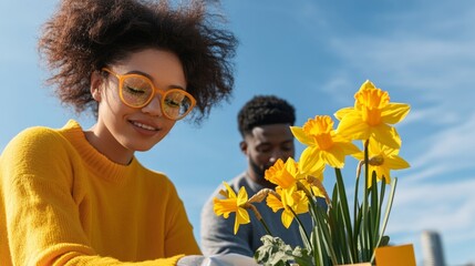 Poster - Vibrant Community Spirit Diverse Volunteers Arranging Yellow Daffodils for Charity Campaign - Urban Social Gatherings and Inclusive Fundraising Initiatives