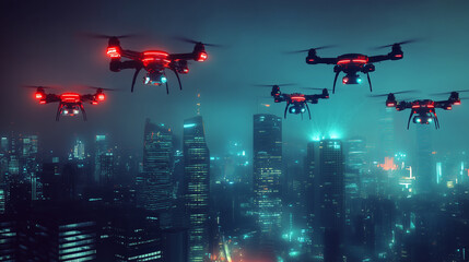 Wall Mural - Cyberpunk city skyline illuminated by drones hovering over futuristic urban landscape at night