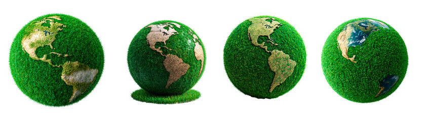 set of earth globe covered in green grass isolated on transparent background
