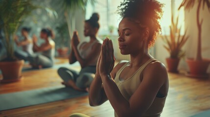 Poster - A serene scene Of a woman meditating in a yoga studio surrounded by Other practitioners with a focus On mindfulness and inner peace.