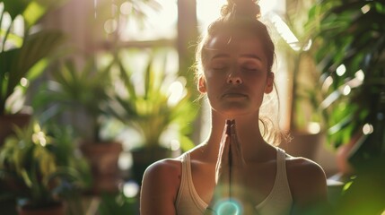 Poster - A serene young woman with her hands clasped together in front Of her face exuding a sense Of calm and peace in a sunlit room surrounded by lush green plants.