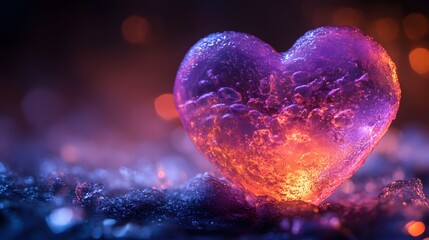Poster - Luminous heart of ice on dark crystal ground glowing with love and passion in a romantic scene