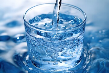 Poster - Refreshing water pouring into a glass creating bubbles and a dynamic splash in a blue tone