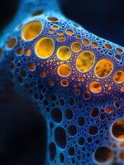 Poster - Luminous Microscopic World Abstract with Glowing Orbs and Intricate Blue Cellular Structure