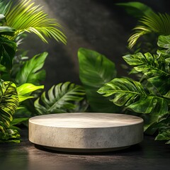 Poster - Elegant product display podium surrounded by lush tropical foliage and soft natural lighting