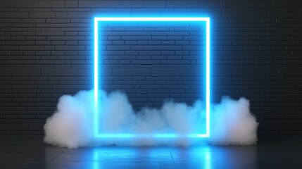 Poster - Glowing neon blue square frame is mounted on a black brick wall, with smoke or fog billowing at the base, creating a dramatic and vibrant scene