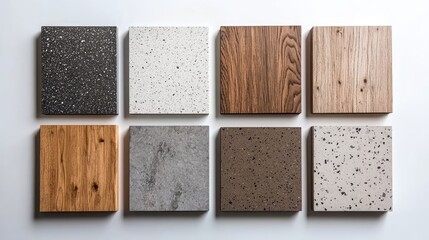 Poster - A collection of various textures such as wood, grey marble, and white terrazzo displayed on a white background for design inspiration