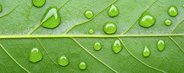 Poster - Macro view of a vibrant green leaf adorned with glistening water droplets, highlighting its intricate vein structure