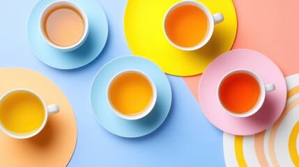 Poster - Vibrant arrangement of teacups filled with different teas, set against colorful geometric backgrounds, creating a lively and cheerful scene