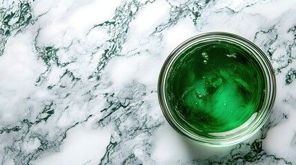 Poster - Emerald Elixir in Glass Bowl on Marble Surface Captivating Still Life Composition Artful Shot