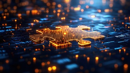 Poster - Glowing Puzzle Piece on Digital Circuit Board Represents Connection and Technological Solution