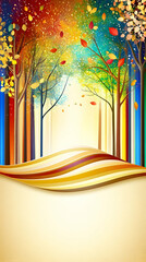 Colorful Autumn trees, falling leaves, rainbow sky, and abstract lines, perfect for backgrounds, cards, banners, posters, and web design needs