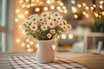 Wall Mural - Beautiful white daisies in a vase on a wooden table with soft bokeh lights in the background, perfect for decor and seasonal celebrations