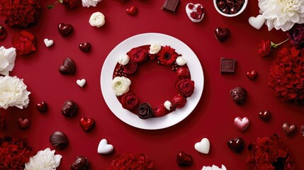 Sticker - Red and white-themed flat lay with hearts, flowers, and chocolates placed elegantly around a circular text area.