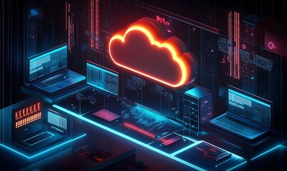 Poster - Cloud technology concept. Data center concept. Modern cloud technologies. Neon colors, cyber space, isometric illustration network with computer, laptop, tablet and smartphone. For web.,


