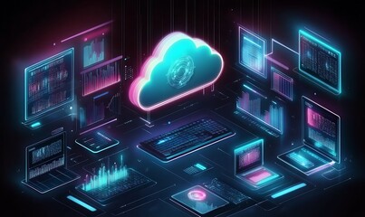Poster - Cloud technology concept. Data center concept. Modern cloud technologies. Neon colors, cyber space, isometric illustration network with computer, laptop, tablet and smartphone. For web.,


