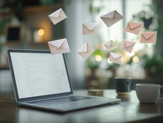 Poster - Laptop Receives Digital Emails, Messages Arrive Instantly, Efficient Communication, Remote Work, Modern Technology.