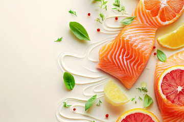 Salmon fillets with orange slices, lemon, fresh herbs, and red peppercorns arranged on a light surface. This vibrant food arrangement highlights healthy and fresh ingredients for a nutritious meal.