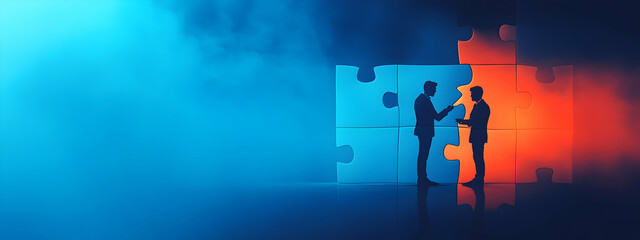 Poster - Photo of a businessman connecting two puzzle pieces on a blue background