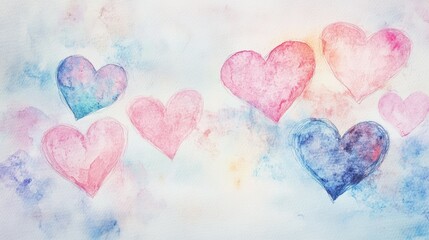 Canvas Print - Watercolor hand-drawn hearts in soft pastel shades on a light textured background, dreamy and artistic composition