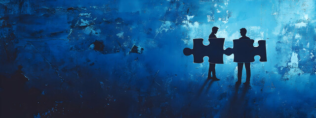 Poster - Photo of a businessman connecting two puzzle pieces on a blue background