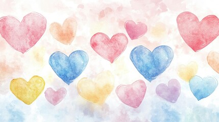 Canvas Print - Watercolor hand-painted hearts in soft pinks, blues, and yellows on a light background, charming and delicate