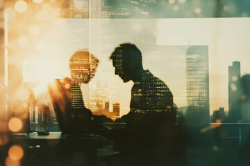 Poster - Double exposure of a group of business people working together in an office